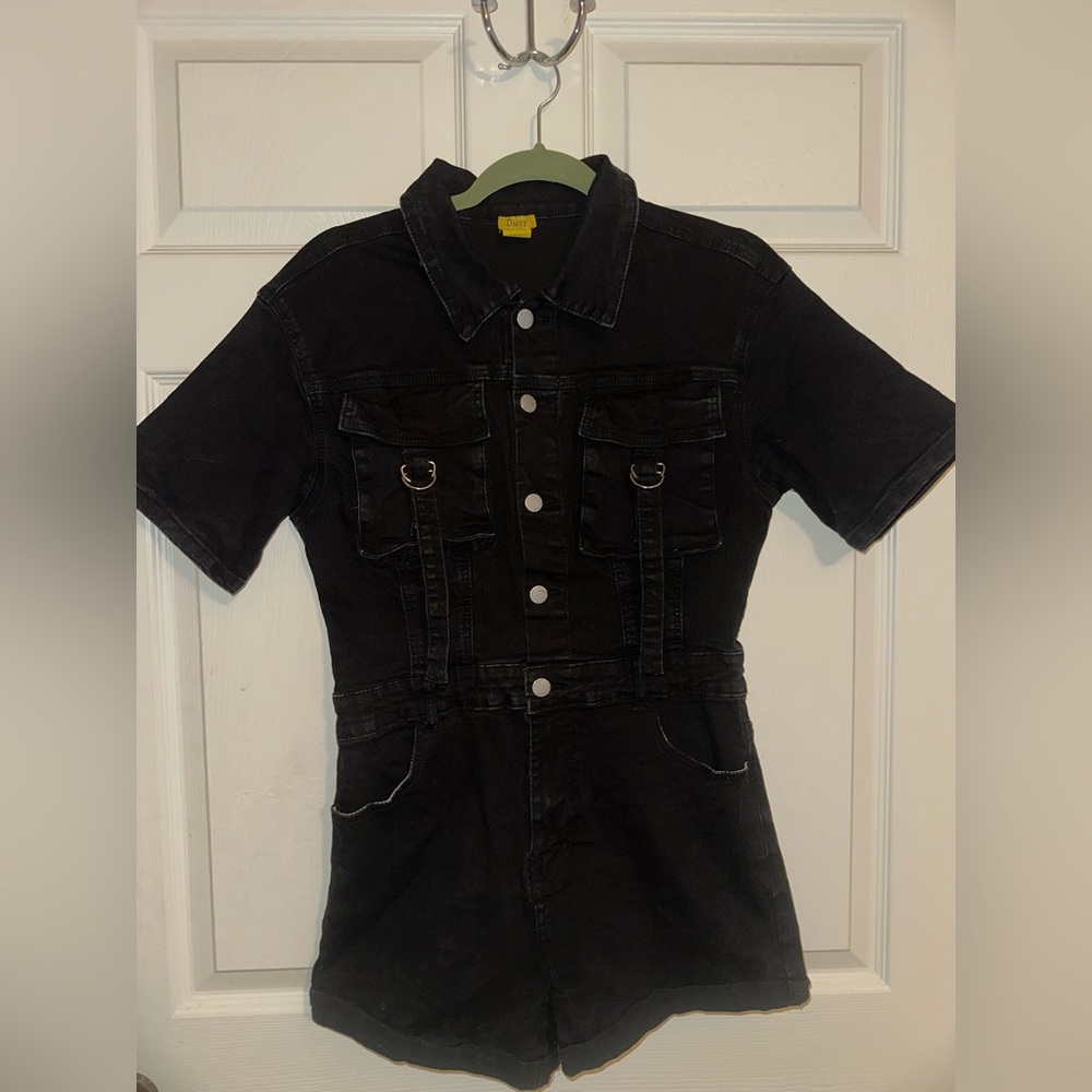 Black Denim Short Sleeve Jumpsuit